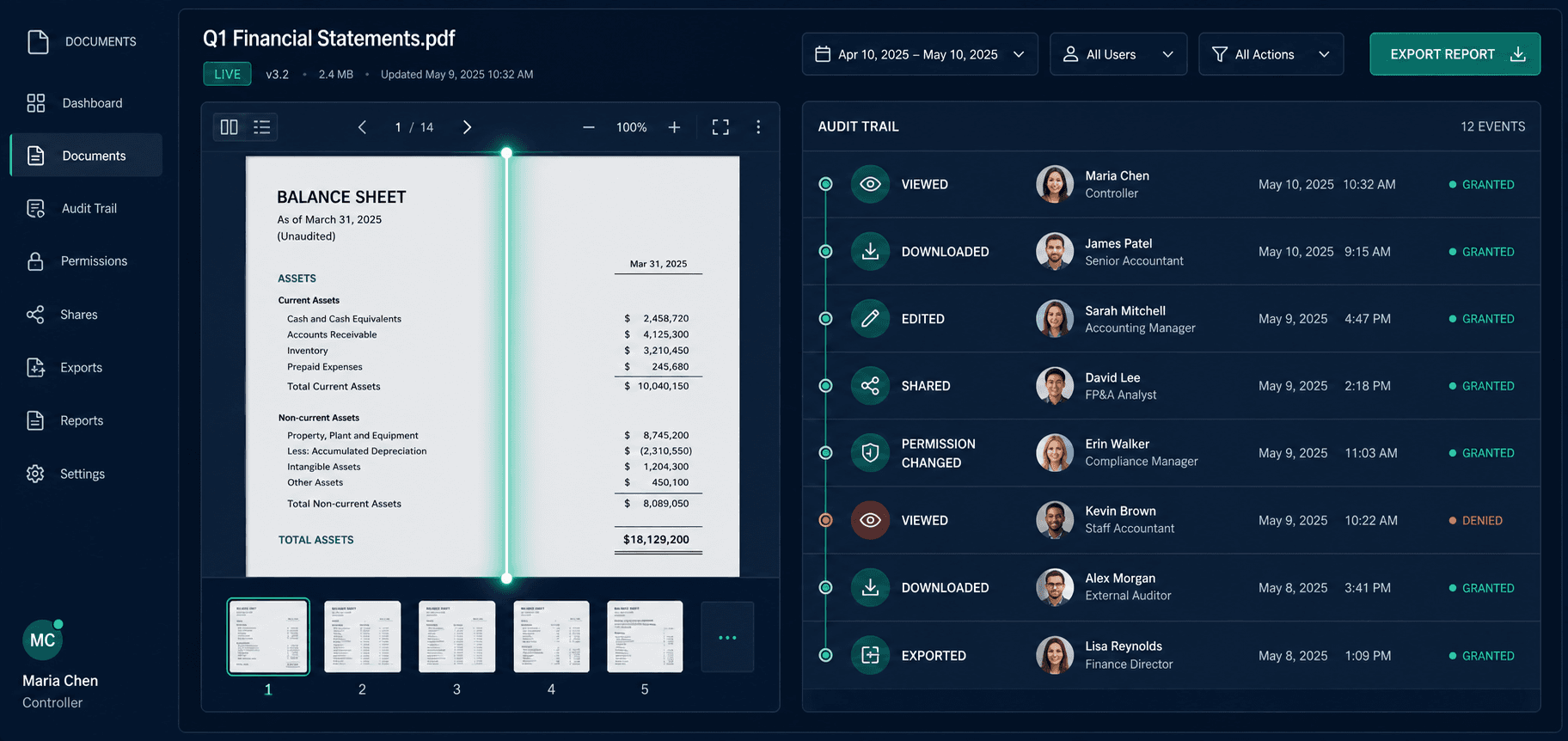 Financial statement being scanned beside a timestamped audit trail of views, downloads, edits, shares, permission changes, and exports.