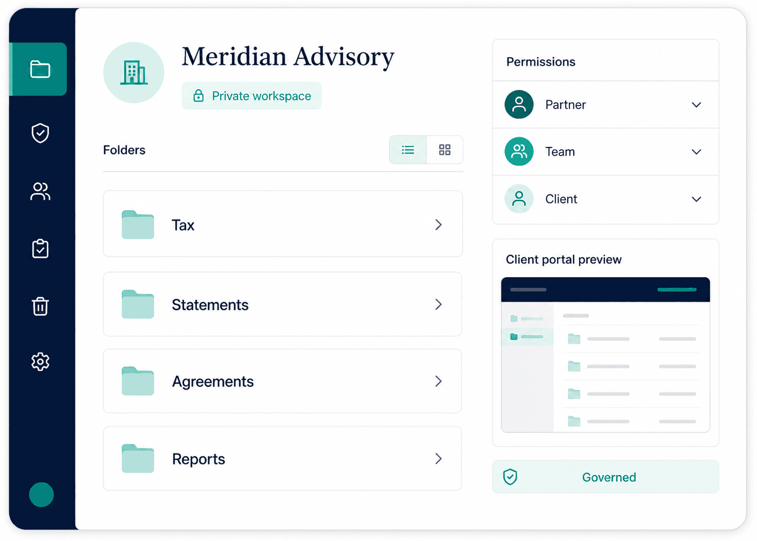 A client workspace with folders, permissions, and branding applied.