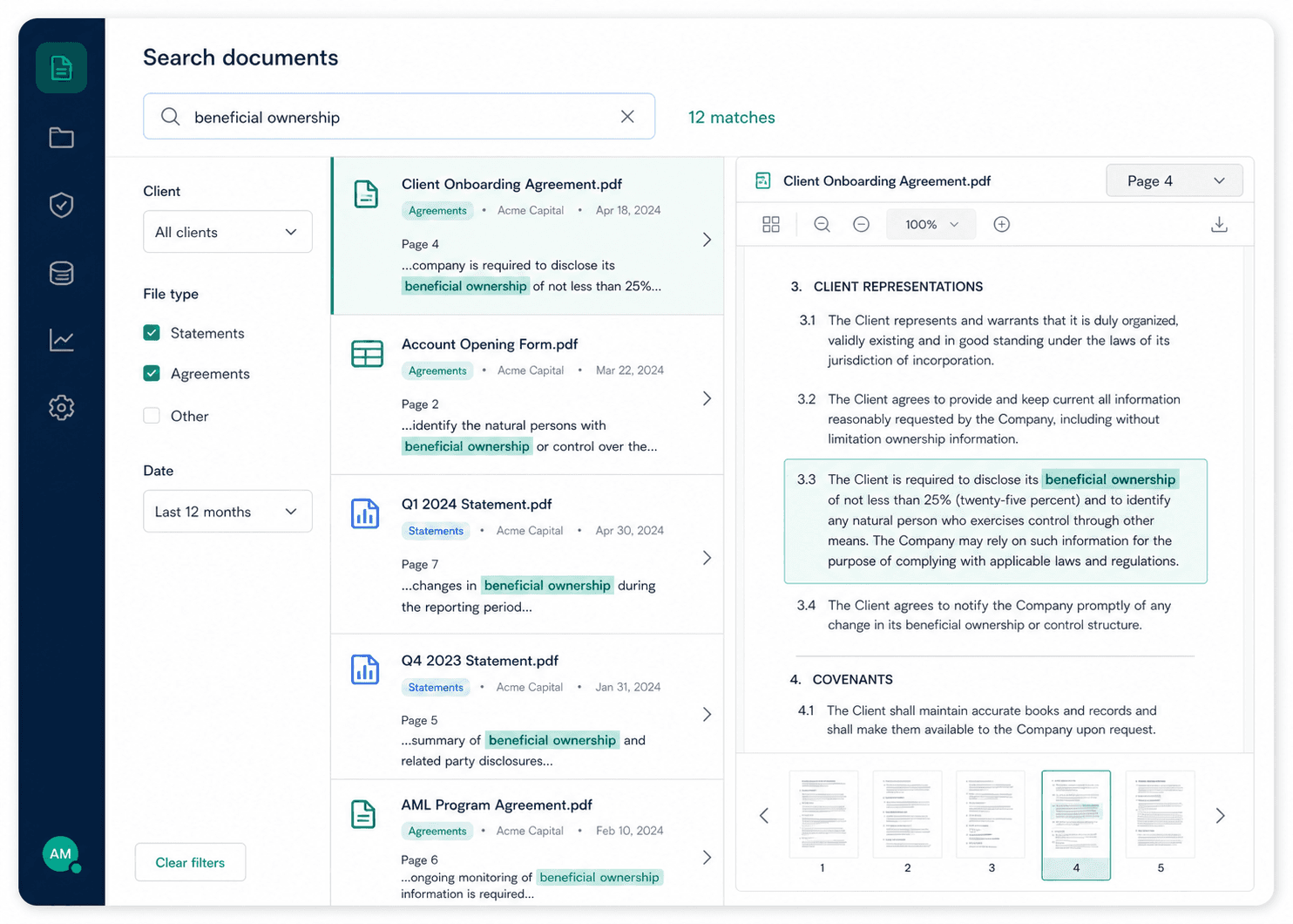 Full-text search results showing matches inside document previews.