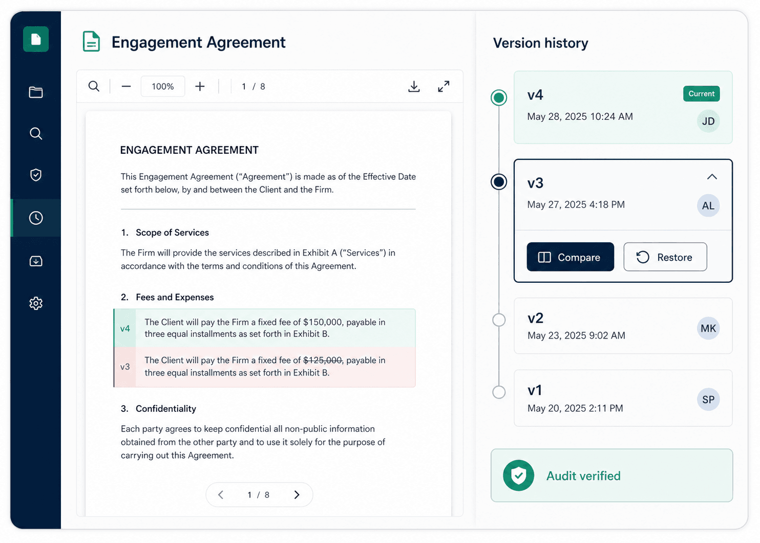 Version history stack showing sequential, timestamped document versions.