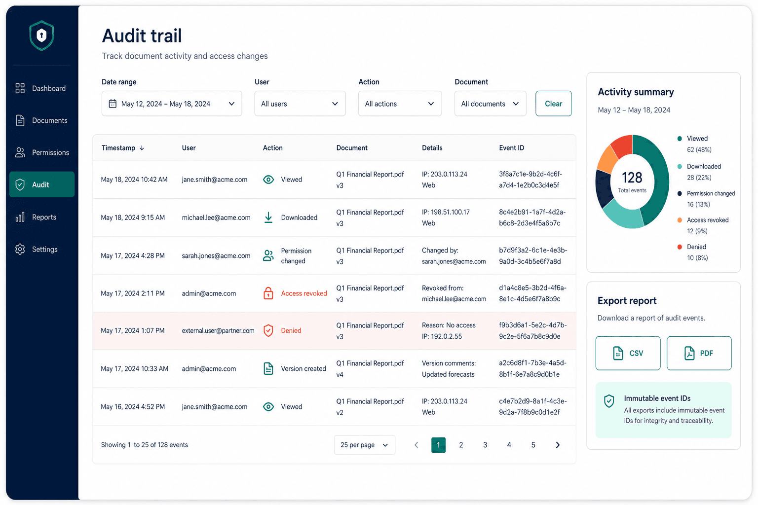 Audit export interface with filters and download options.